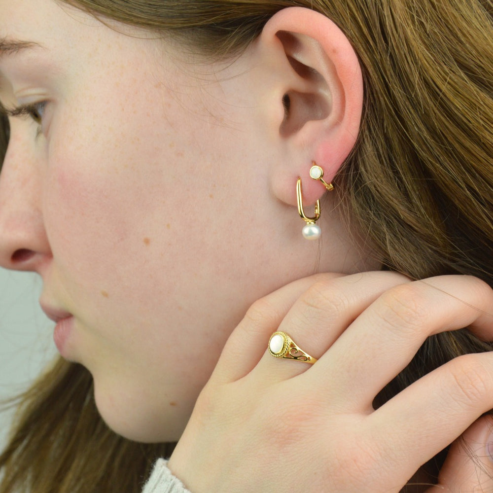 Earrings - Gold Oval Pearl Huggies