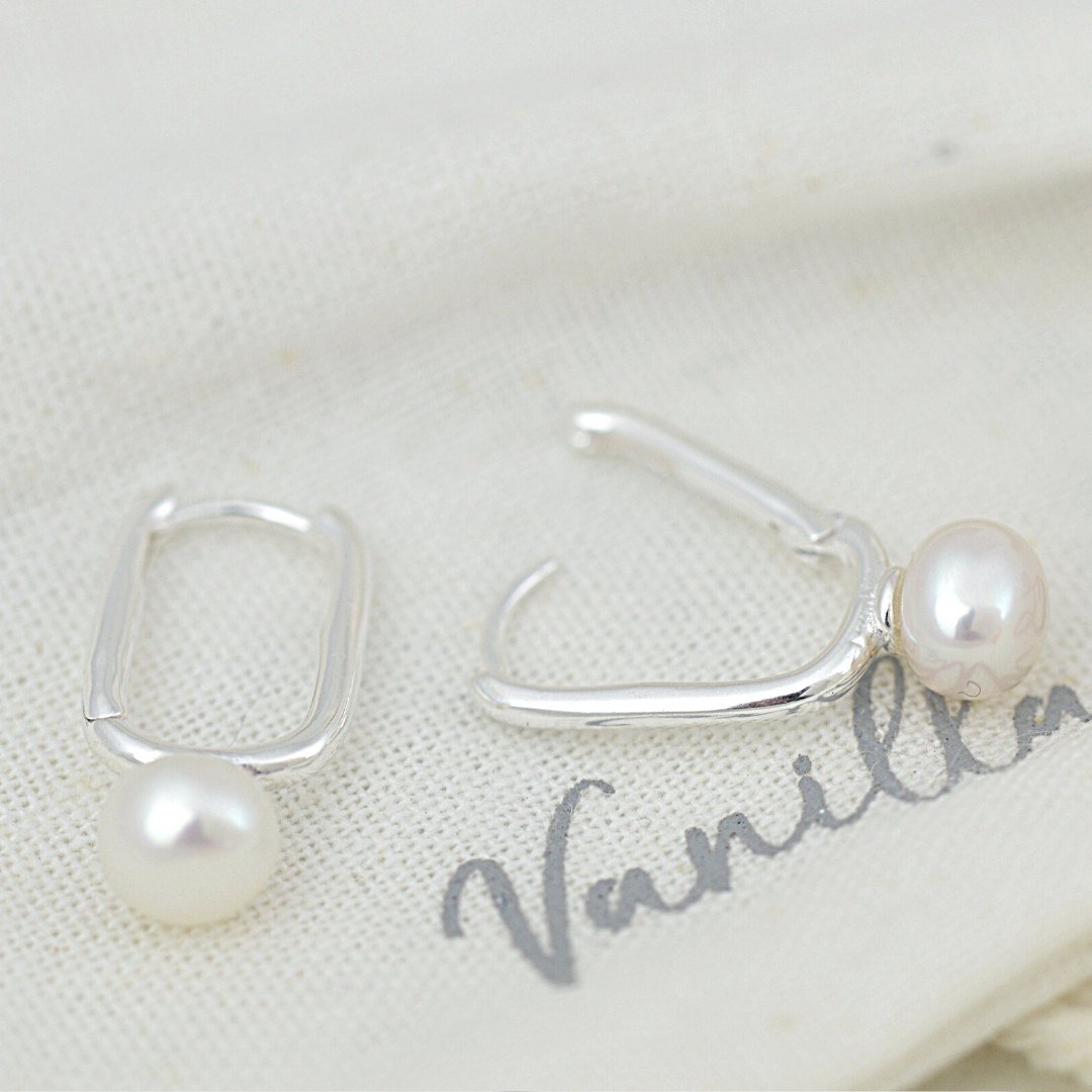 Earrings - Rectangle Pearl Huggies