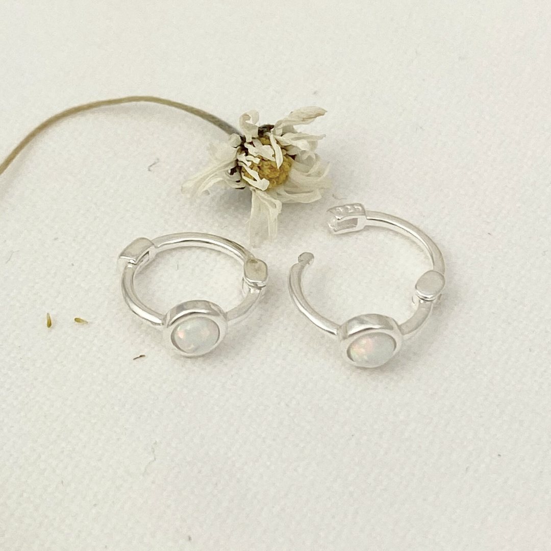 Earrings - Mini Fire Snow Opal Hoops