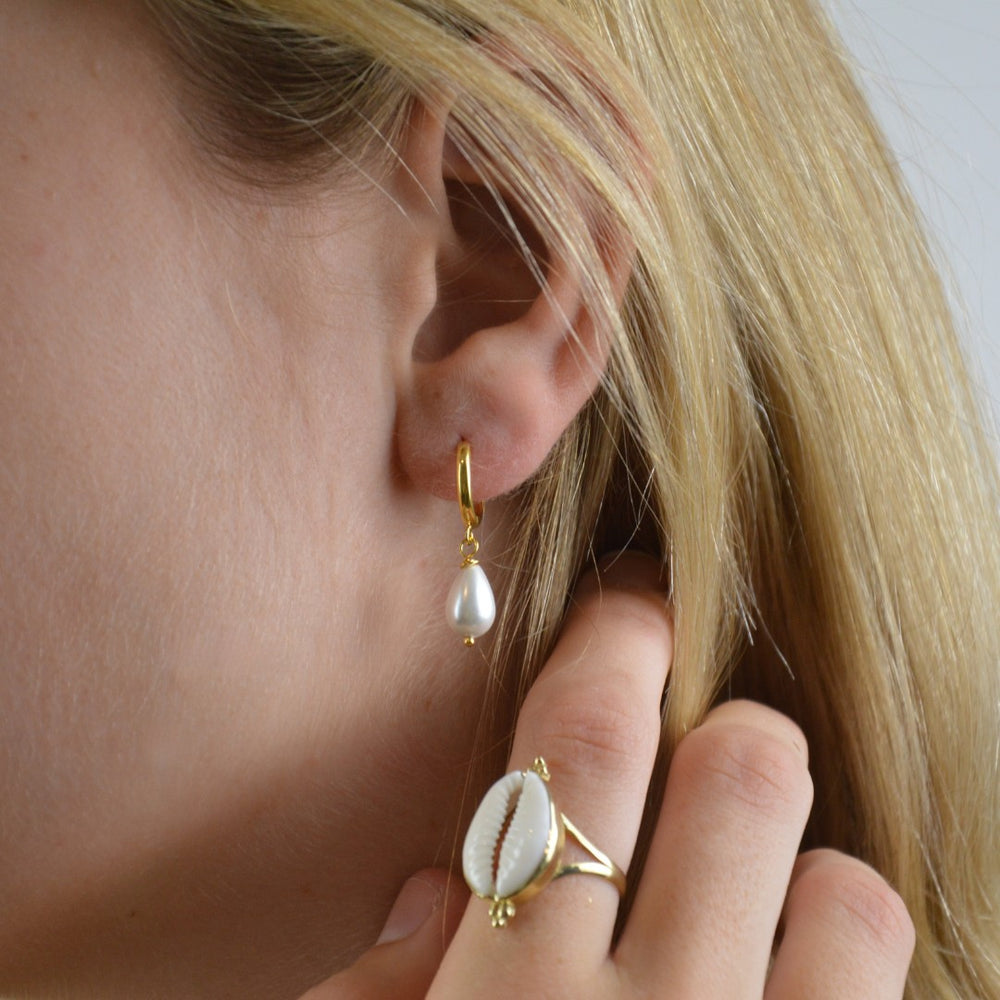 EARRINGS - Gold Droplet Pearl Huggies
