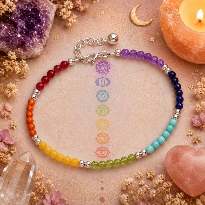 Colorful beaded bracelet with chakra symbols on a decorative background with crystals and flowers.