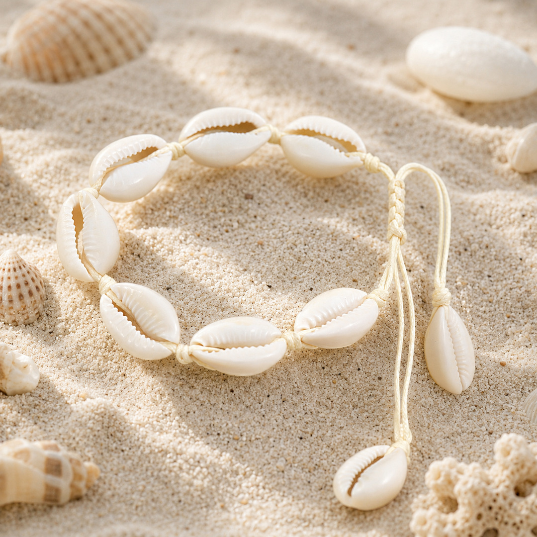 Natural cowrie shell bracelet with adjustable cord 