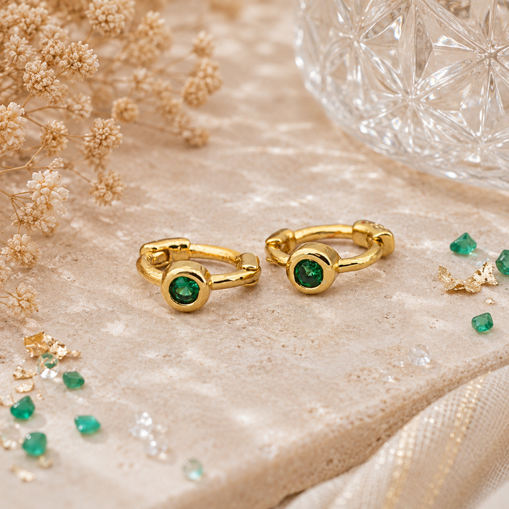 Earrings - Emerald and gold huggies