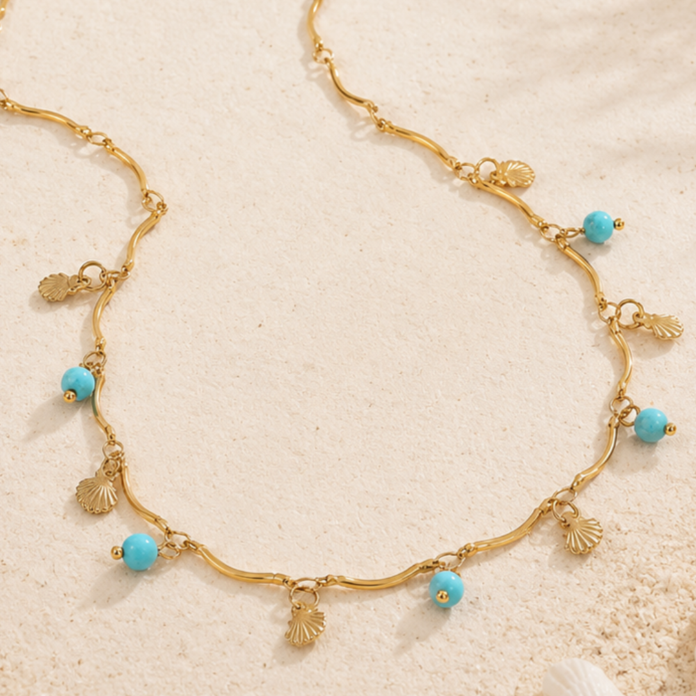 Necklaces - Waterproof gold necklace with turquoise and clam shells