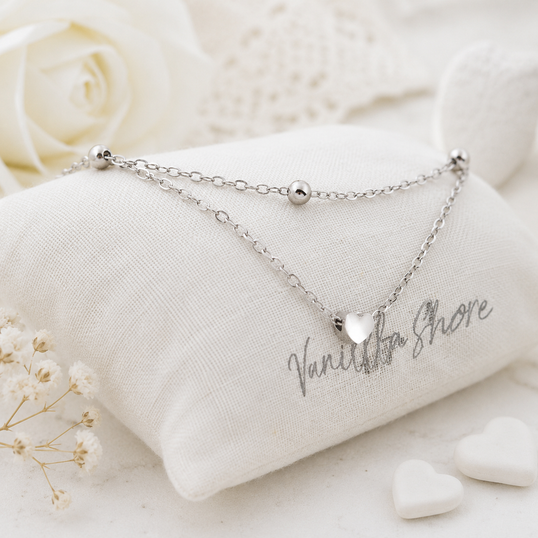 Layered silver anklet with t=heart charm