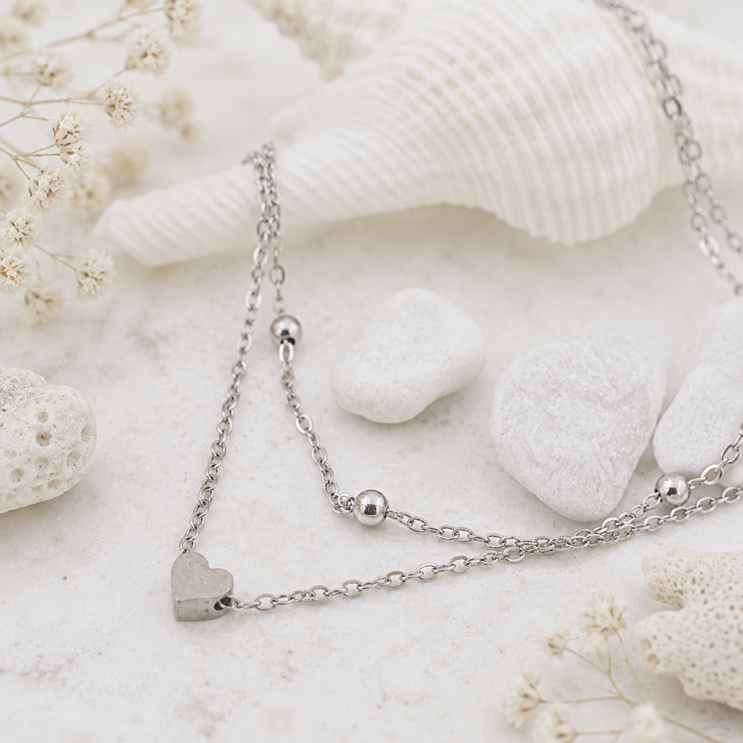 Layered heart charm anklet