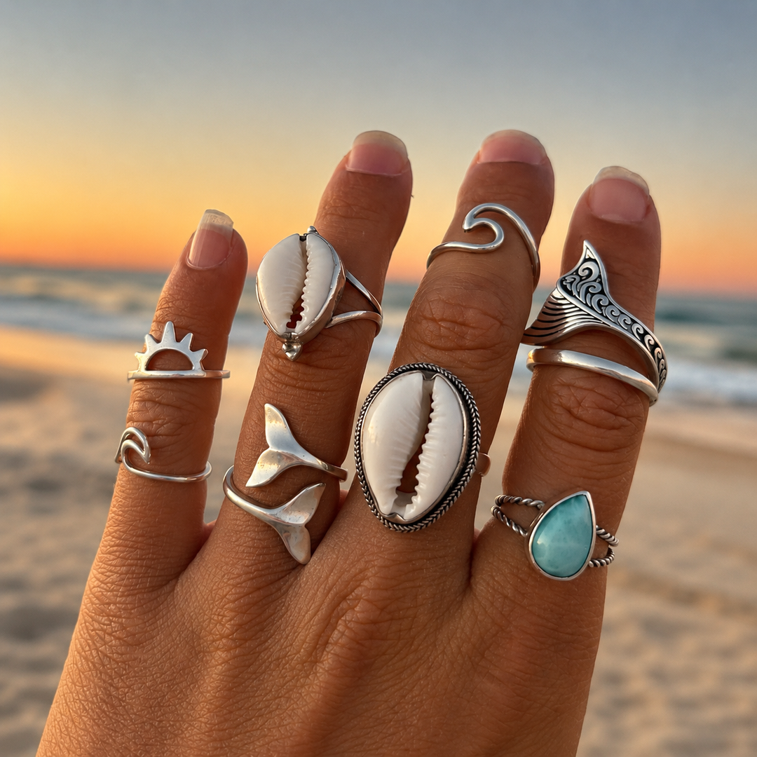 Hand wearing multiple sterling silver bohemian rings with a sunset beach background