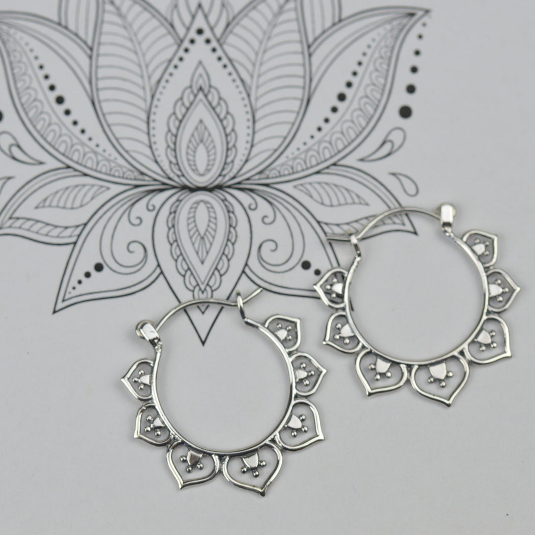Earrings - Silver Lotus Hoops