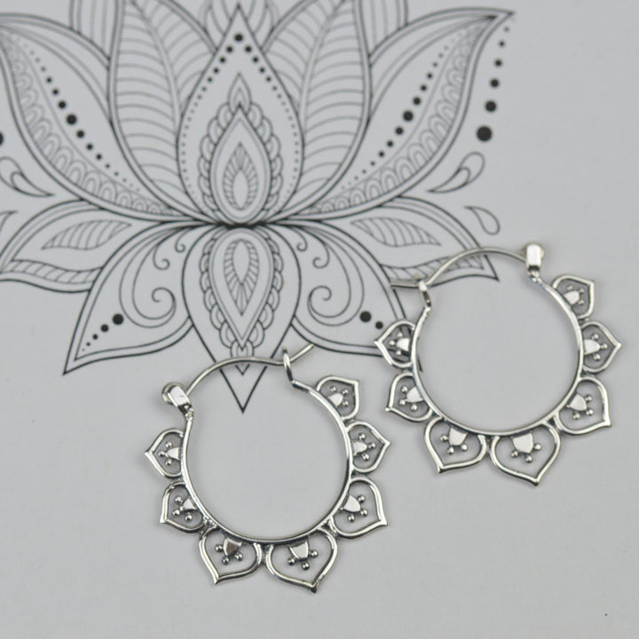 Earrings - Silver Lotus Hoops