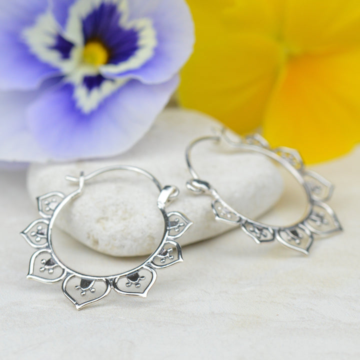 Earrings - Sterling Silver Lotus Leaf Hoops