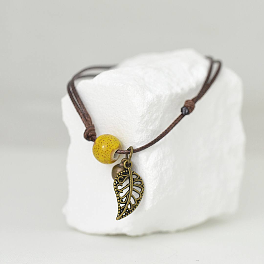 Rope Ceramic Bead, Leaf and Bell Anklet