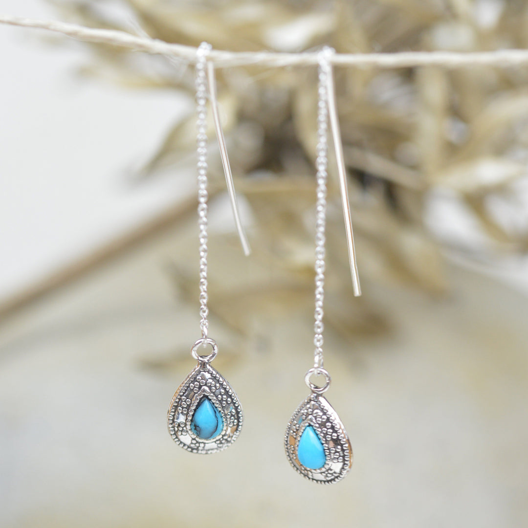 Earrings - Turquoise And Sterling Silver Bohemian Bliss Thread Earrings